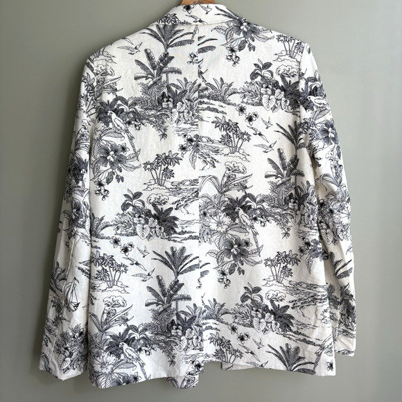 H by HALSTON Medium Linen Blend Blazer Jacket Cream Black Tropical Print Office - Picture 9 of 16
